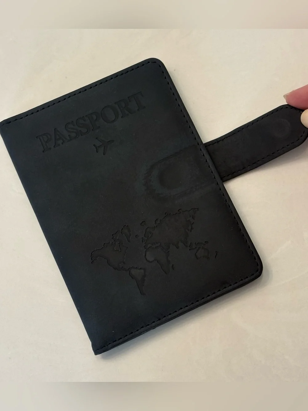 NEW Black Vegan Leather Slim Passport Holder RFID Blocking Embossed 7 pocket